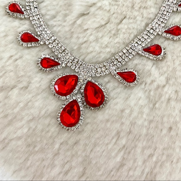 SOLD!! Red Gem Necklace Set Earrings Bundle Silver Style Luxury Rhinestones - Picture 3 of 4